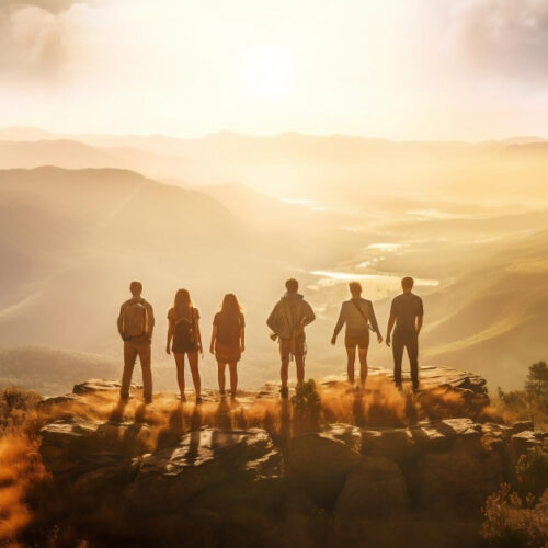 groups-friends-standing-mountain-with-sunset-international-friendship-day-generative-ai