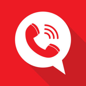 Vector illustration of a red telephone receiver in a white speech bubble on a red background.