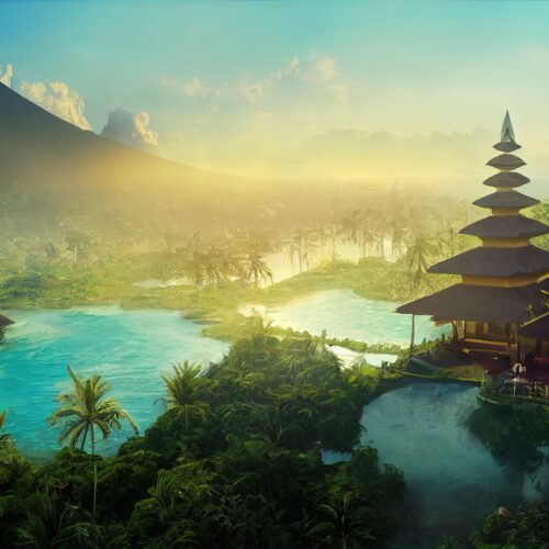 Fantasy concept showing a Famous Bali hotels. digital art painting, horizontal side view