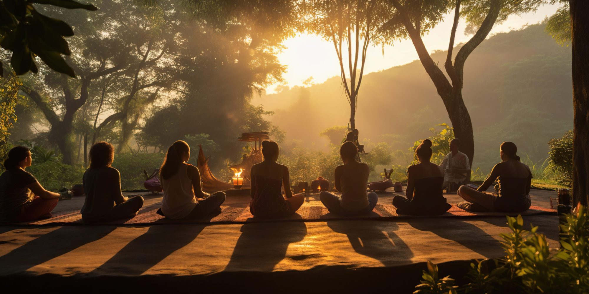 serene yoga retreat with practitioners gracefully engaged in poses amidst tranquil surroundings, finding peace and balance. AI Generative AI