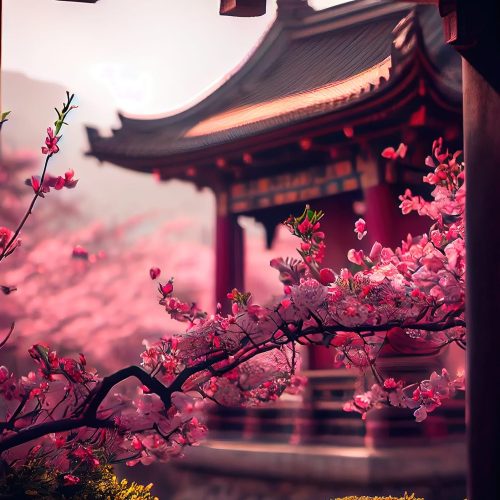 A Japanese temple with a traditional garden and cherry blossoms.