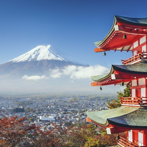 Mt. Fuji, Japan viewed from Chureito Pagoda in the autumn.