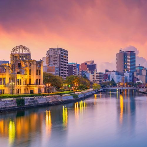 View of Hiroshima skyline with the atomic bomb dome in  Japan. UNESCO World Heritage Site