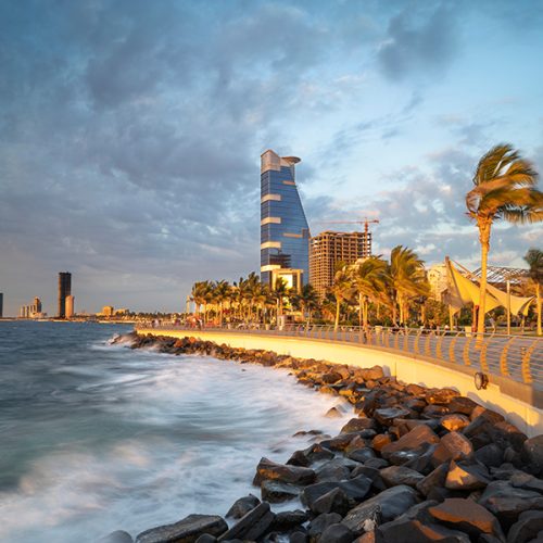 Jeddah,,Saudi,Arabia,-,December,30,,2019:,Coastline,In,Jeddah Jeddah, Saudi Arabia - December 30, 2019: coastline in Jeddah with The Headquarters Business Park in the distance