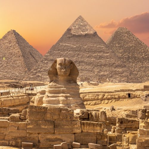 The Sphinx and the Piramids, famous Wonder of the World, Giza, Egypt.